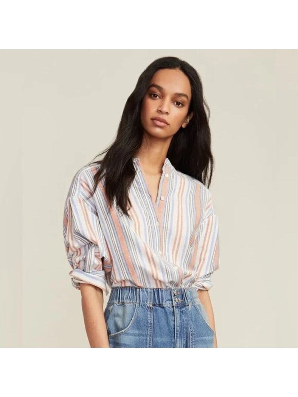 Veronica Beard Grove Striped Shirt Women's Large White Blue Coral Red